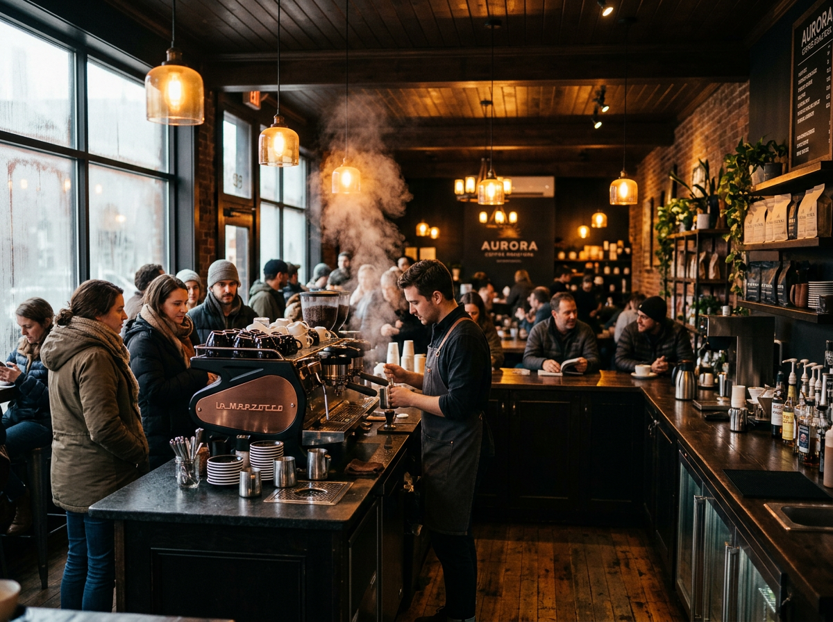 Warm cinematic cafe interior with amber lighting