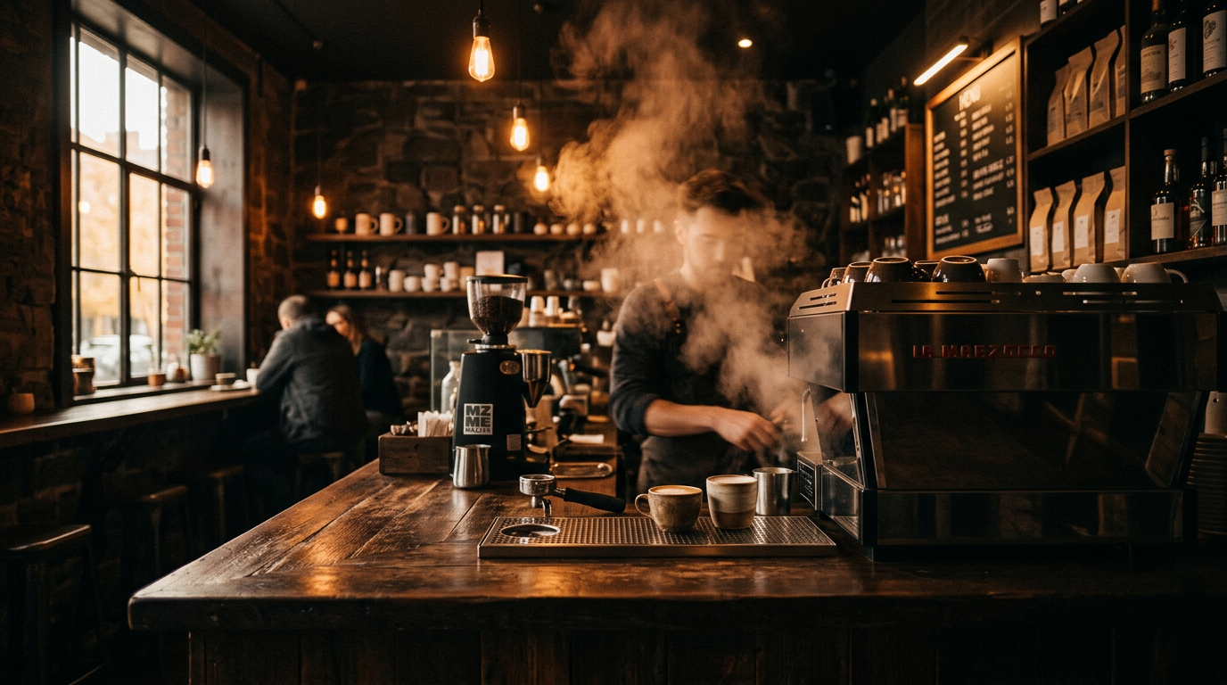 Warm moody coffee shop atmosphere with steam and amber light